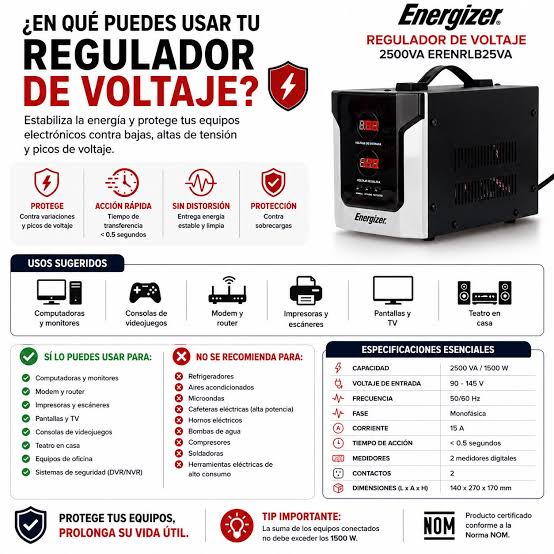 Regulador de voltaje energizer 2500 va 1500 watts — imagen 3
